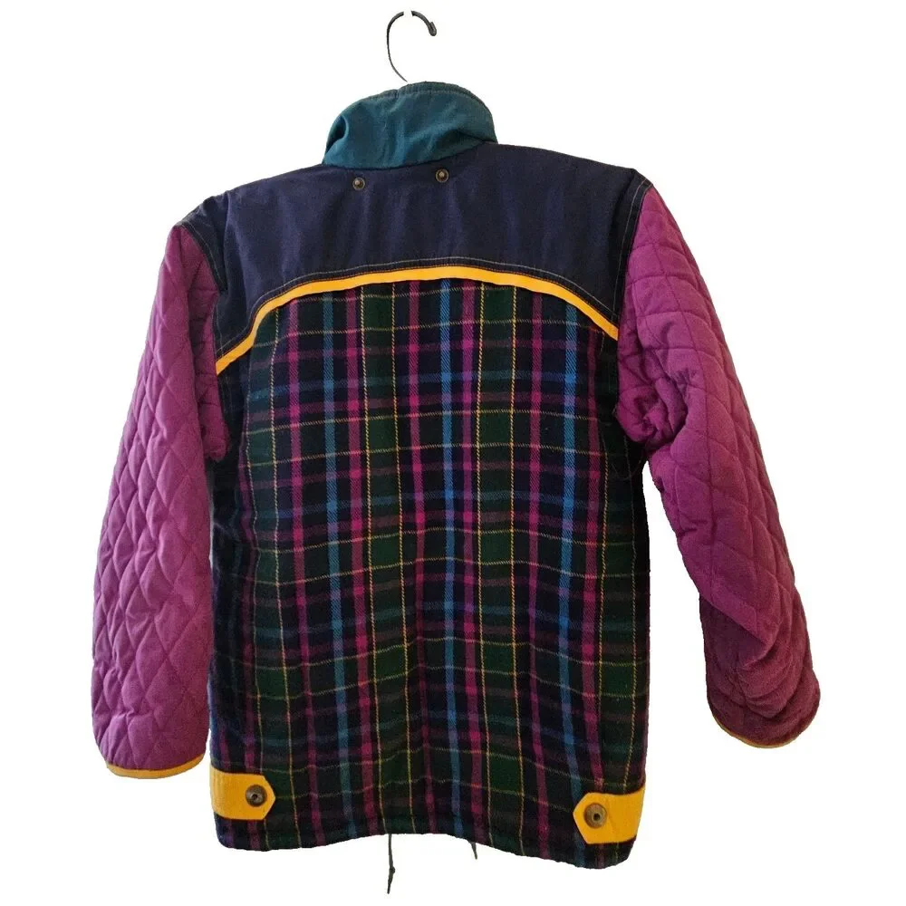 Andy Johns Kids Coat Girls M 10-12 Teal Front Plaid Back Purple Quilted Sleeves